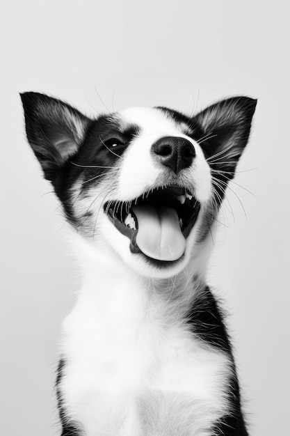 Una foto en blanco y negro de un perro sonriente