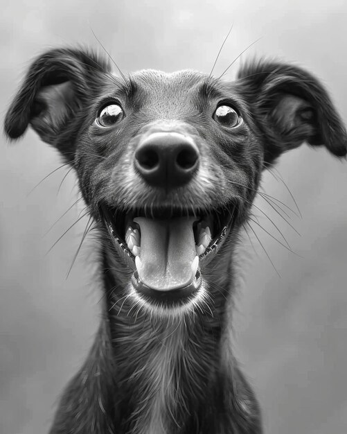 Foto una foto en blanco y negro de un perro sonriente