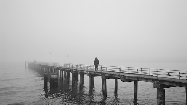 Una foto en blanco y negro de una persona caminando a lo largo de un muelle