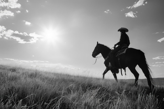 Una foto en blanco y negro de una persona montando un caballo