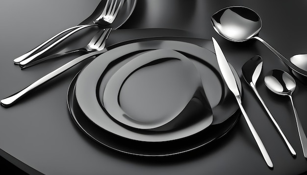 una foto en blanco y negro de un plato con cuchara y cuchara