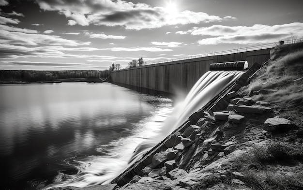 Una foto en blanco y negro de una presa con un cielo nublado encima.