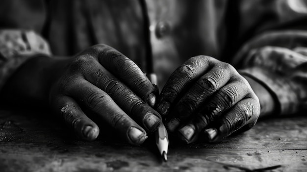 Foto en blanco y negro que captura la mano de un niño transformada de trabajo duro a sostener un lápiz y un libro que marca un cambio hacia la educación en el Día Mundial contra el Trabajo Infantil