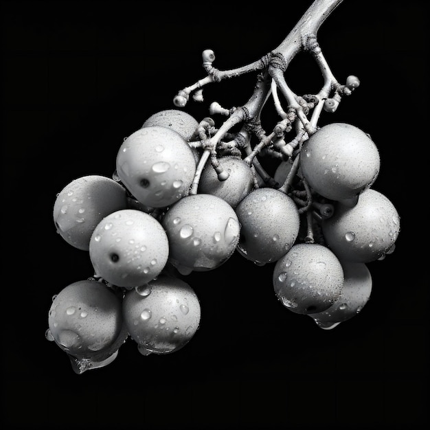Foto en blanco y negro de un racimo de uvas con gotas de agua en fondo negro