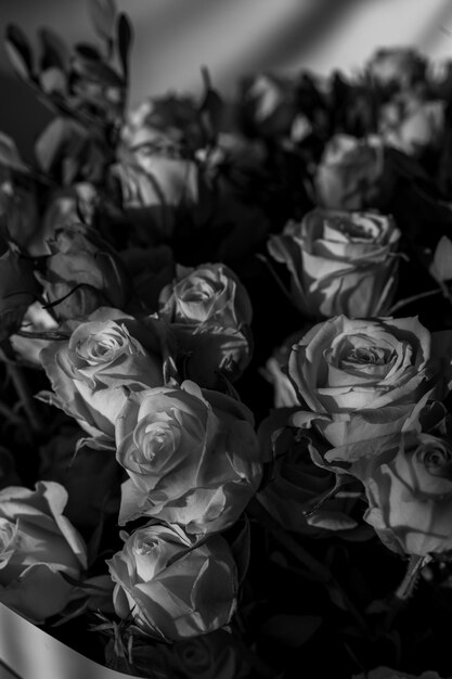 Foto en blanco y negro de un ramo de rosas en aerosol