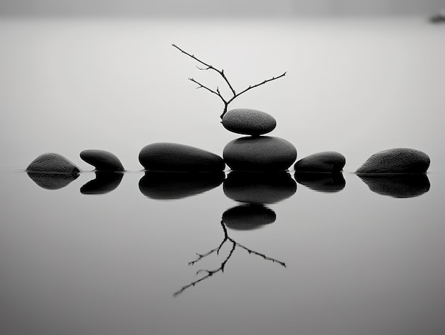 Foto una foto en blanco y negro de rocas con un palo encima.