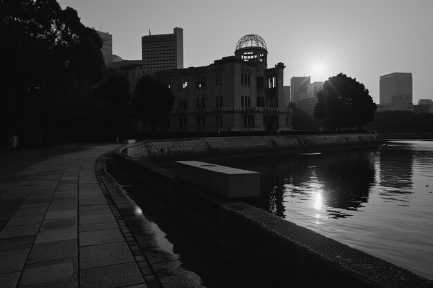 Una foto en blanco y negro del sol poniéndose sobre una ciudad