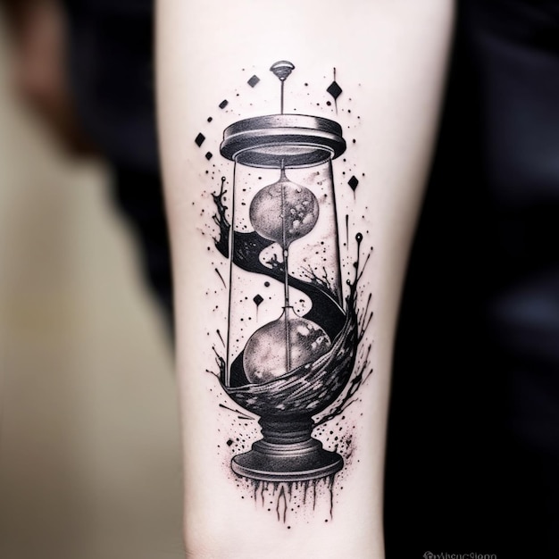 una foto en blanco y negro de un tatuaje de reloj de arena en el brazo ai generativo