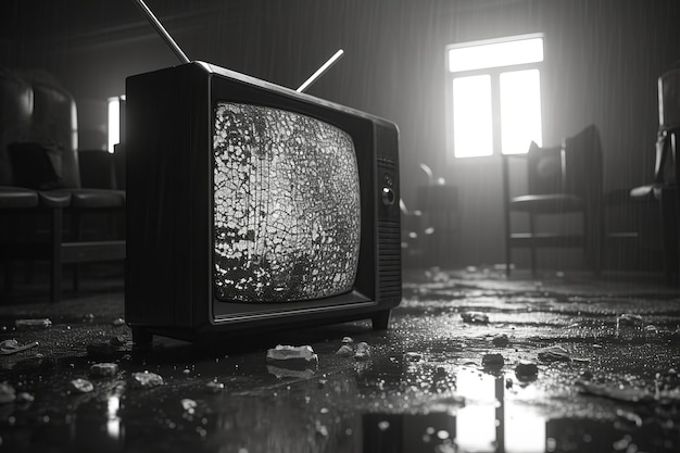 Una foto en blanco y negro de un televisor retro sentado en una habitación inundada con una ventana rota