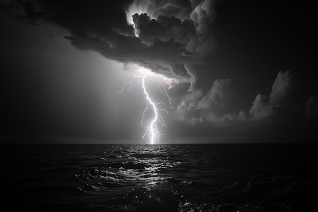 Una foto en blanco y negro de una tormenta sobre el océano