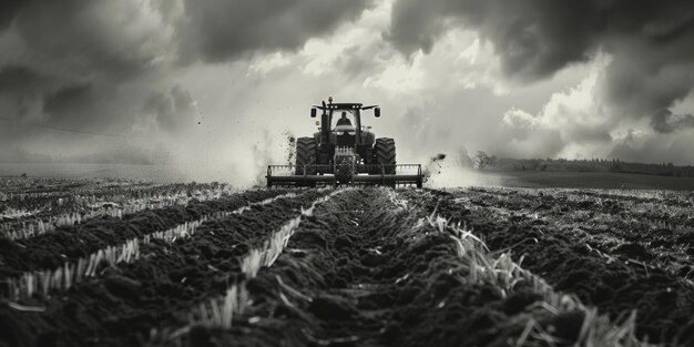 Foto una foto en blanco y negro de un tractor en un campo adecuado para conceptos agrícolas o rurales