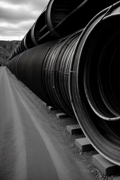 Una foto en blanco y negro de tuberías al lado de una carretera