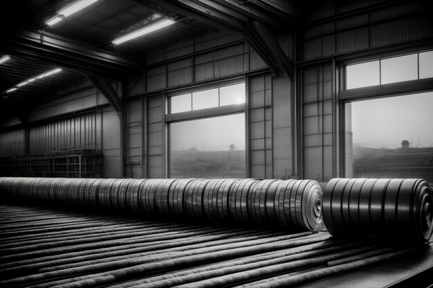 Una foto en blanco y negro de tuberías en un almacén de IA generativa