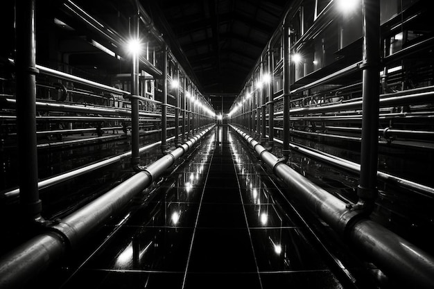 Foto una foto en blanco y negro de un túnel con una fila de tuberías.