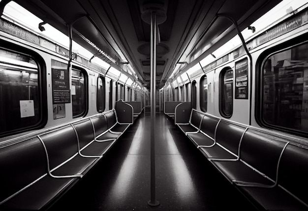 Una foto en blanco y negro de un vagón de metro con un cartel que dice "prohibido el transporte público".