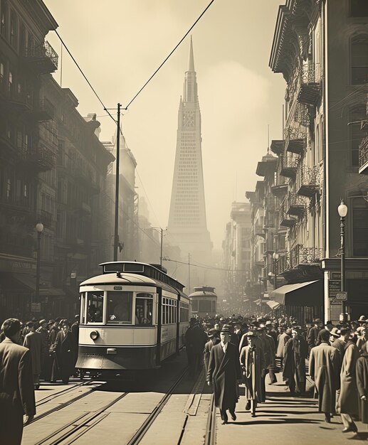 Foto una foto en blanco y negro de un vagón de tranvía con la letra e en él