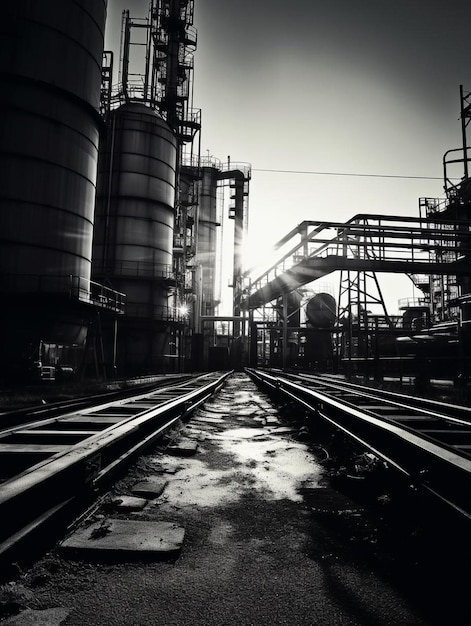 una foto en blanco y negro de una vía de tren con un sol brillando en el suelo