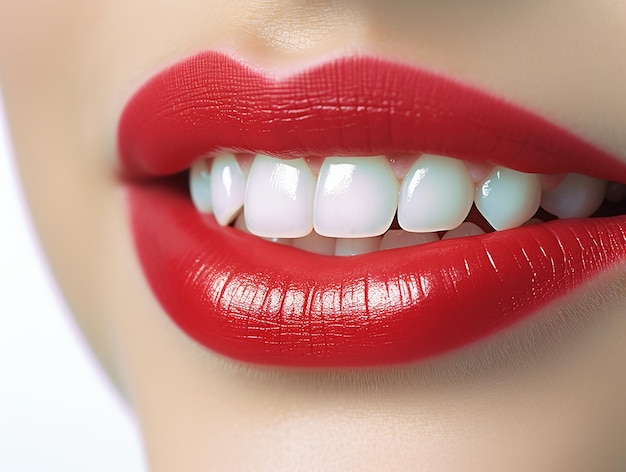 Una foto de la boca de una mujer con lápiz labial rojo.