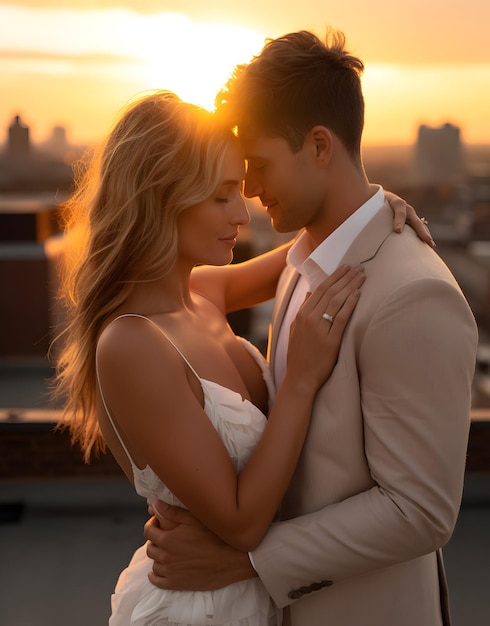 Foto de boda Una pareja de la mano durante la puesta de sol con el fondo del cielo de la tarde