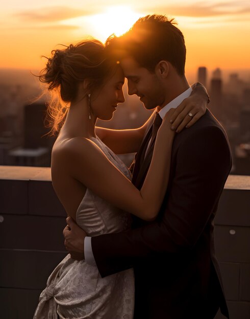 Foto de boda Una pareja de la mano durante la puesta de sol con el fondo del cielo de la tarde