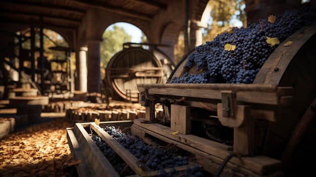 Una foto de una bodega con equipo de trituración de uva.