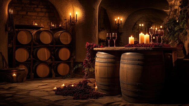 Una foto de una bodega de vinos a la luz de una vela suave