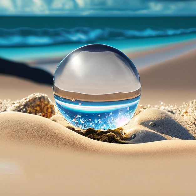 Foto bola de cristal sentada en la parte superior de una playa de arena ai generativo