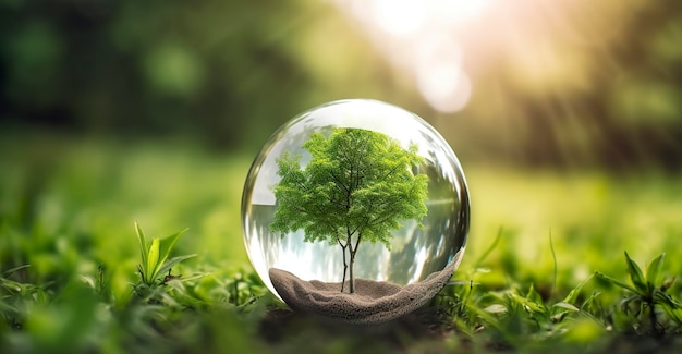 Foto bola de globo de cristal con árboles que crecen y naturaleza verde desenfoque de fondo eco día de la tierra concepto generat ai