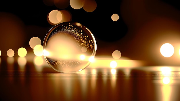 Foto de una bola de vidrio en una mesa capturando su encantador reflejo y detalles delicados