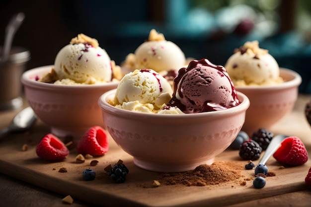 Foto bolas de helado con bolas de vainilla, chocolate y frutos rojos y cobertura