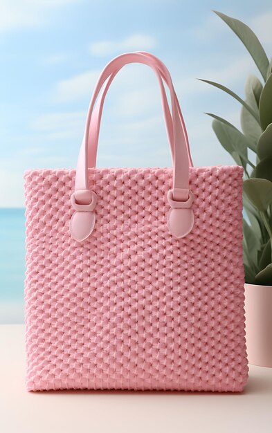 Foto de la bolsa de papel de crochet forma cuadrada tema de color pastel crochet ma concepto de diseño arte artesanal