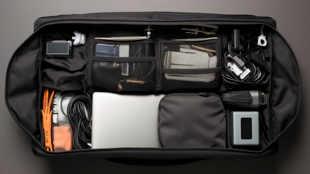 Foto una foto de una bolsa de portátil moderna con artículos de tecnología