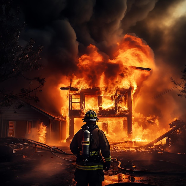 foto de un bombero trabajando una casa en llamas realista y colorida