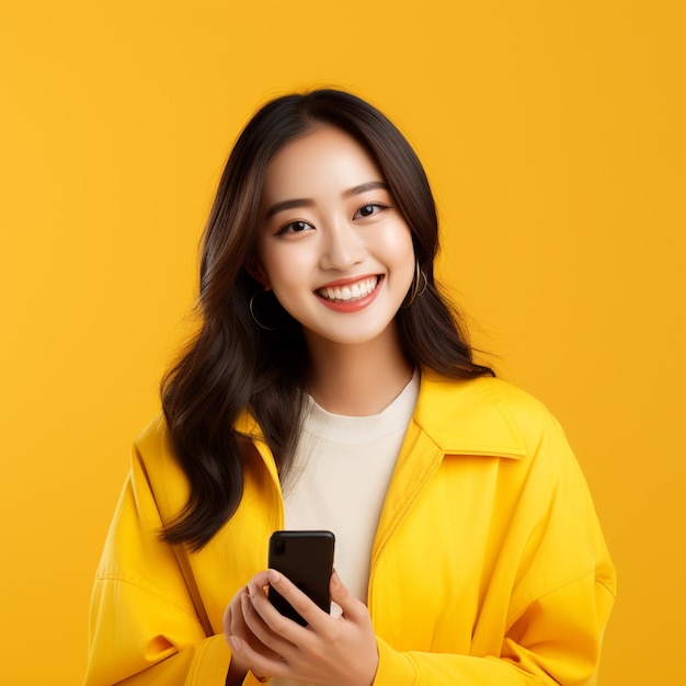 foto bonita mujer de negocios asiática de pie y usando tableta con ropa naranja en una oficina agradable