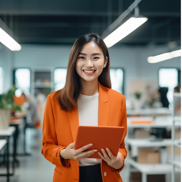 foto bonita mujer de negocios asiática de pie y usando tableta con ropa naranja en una oficina agradable