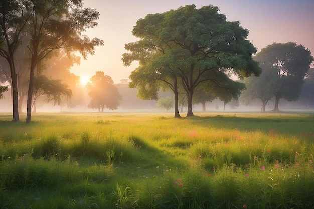 Foto borrosa Hermosa pradera en el parque con puesta de sol por la mañana