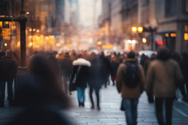 Foto borrosa de una multitud de personas en una calle de la ciudad