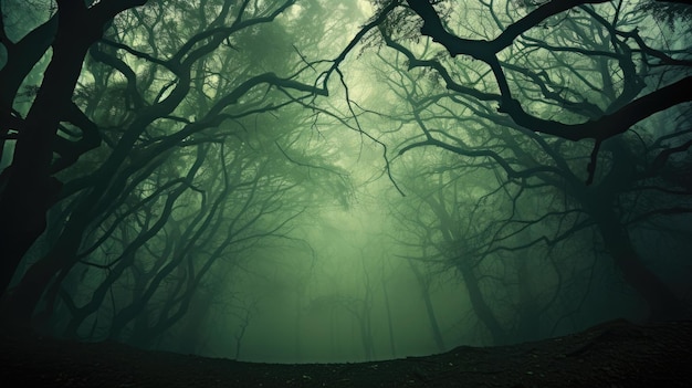Una foto de un bosque con árboles boca abajo atmósfera brumosa