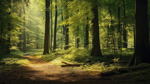 Una foto de un bosque denso con tonos verdes y marrones terrosos de la luz del sol.