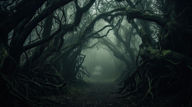 Una foto de un bosque espeluznante con árboles retorcidos niebla misteriosa