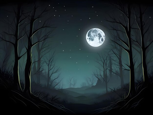 Foto de bosque espeluznante de la noche con luna llena de fondo de Halloween