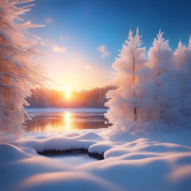 Foto foto del bosque de invierno puesta de sol y copos de nieve congelados puesta de sol sobre fondo de cielo azul