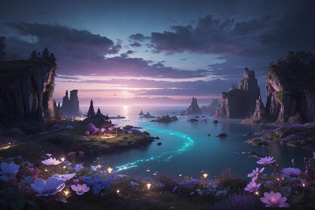 Foto bosque nocturno con una luna llena en el cielo con un lago púrpura brillante y árboles alrededor