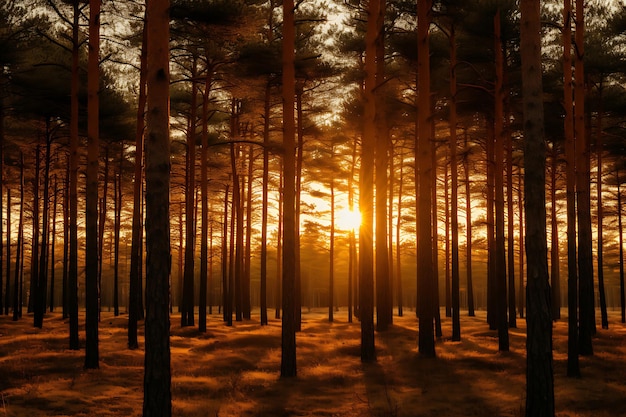 Foto del bosque de pinos durante la hora dorada