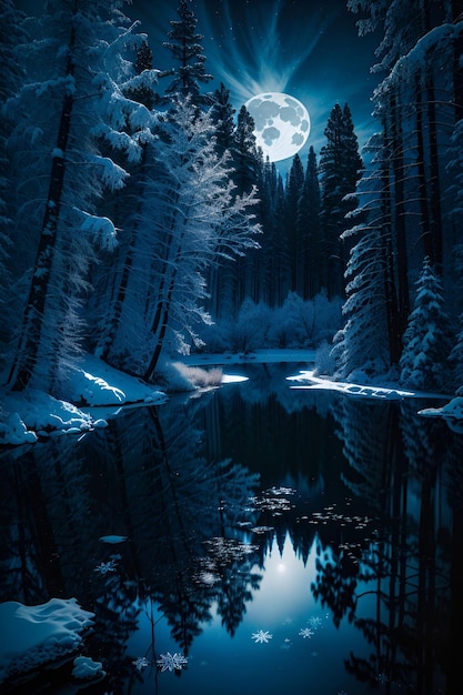 Foto bosque de taiga congelado niebla de estanque congelado en el fondo luna azul de la noche
