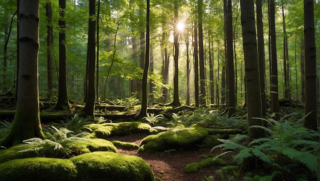 Una foto de un bosque verde exuberante con árboles altos y la luz del sol brillante brillando a través del dosel