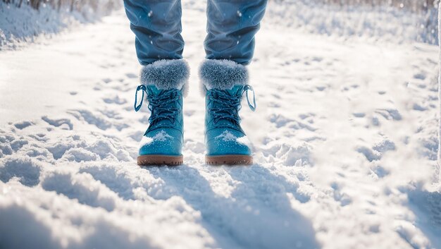 Foto de botas de invierno de pie en un camino nevado