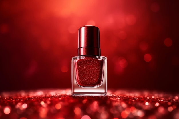 Foto de una botella de esmalte de uñas rojo sobre fondo rojo brillo