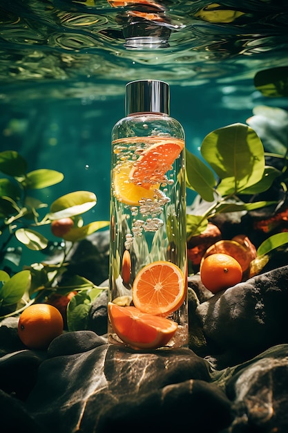 Foto foto de una botella de plástico para cosméticos rodeada de un concepto de embalaje de cosméticos tropicales flotantes
