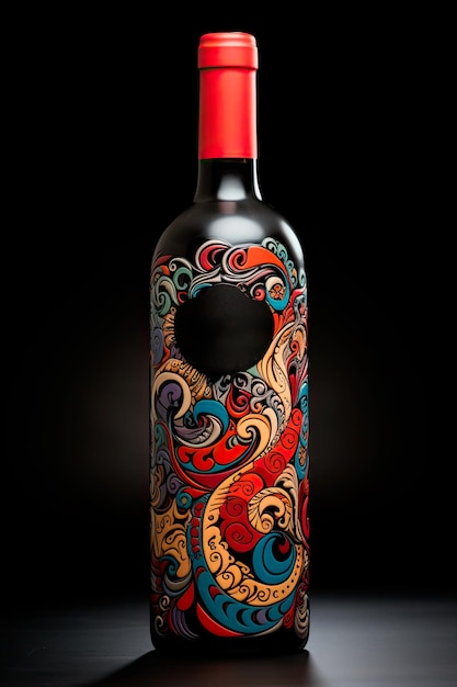 Foto de una botella de vino tinto personalizada adornada con una etiqueta intrincada